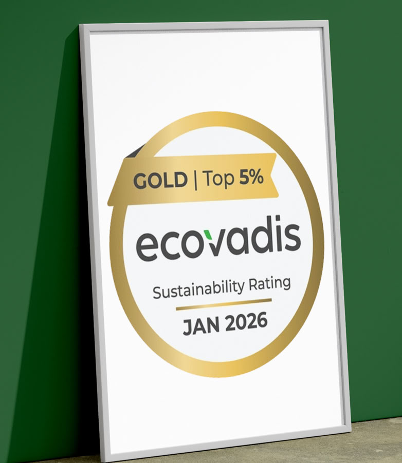 Ingelijste poster met de tekst "GOLD | Top 5% ecovadis Sustainability Rating.